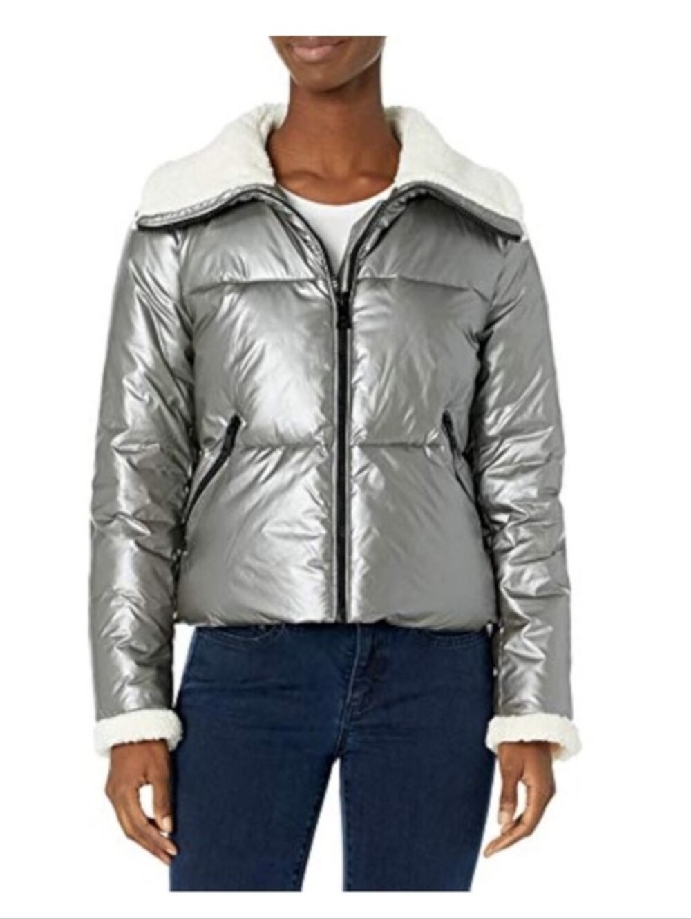 Levi's Metallic Silver Puffer Jacket with White Sherpa Collar Xs